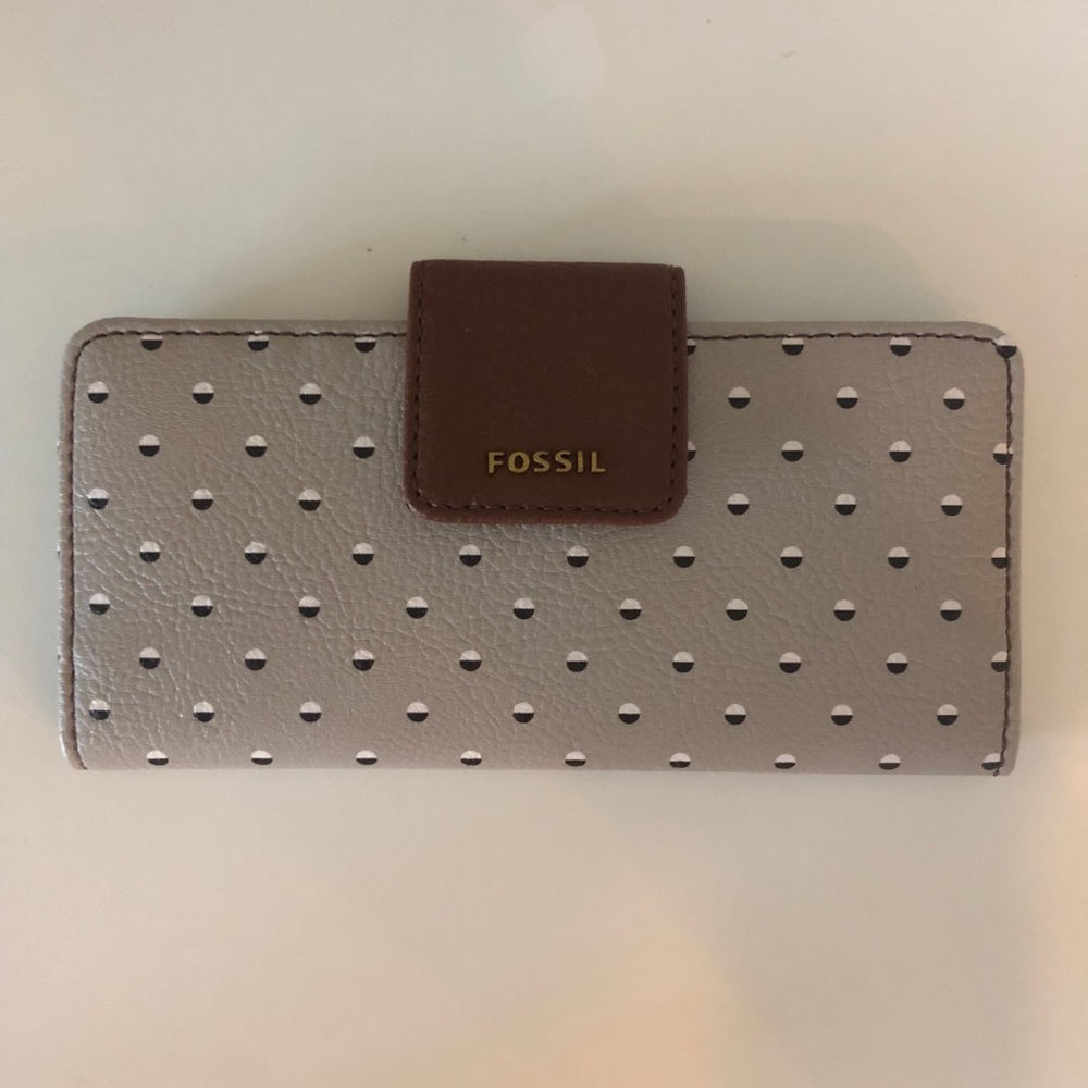 Fossil Leather Wallet - Gray with Polka Dots